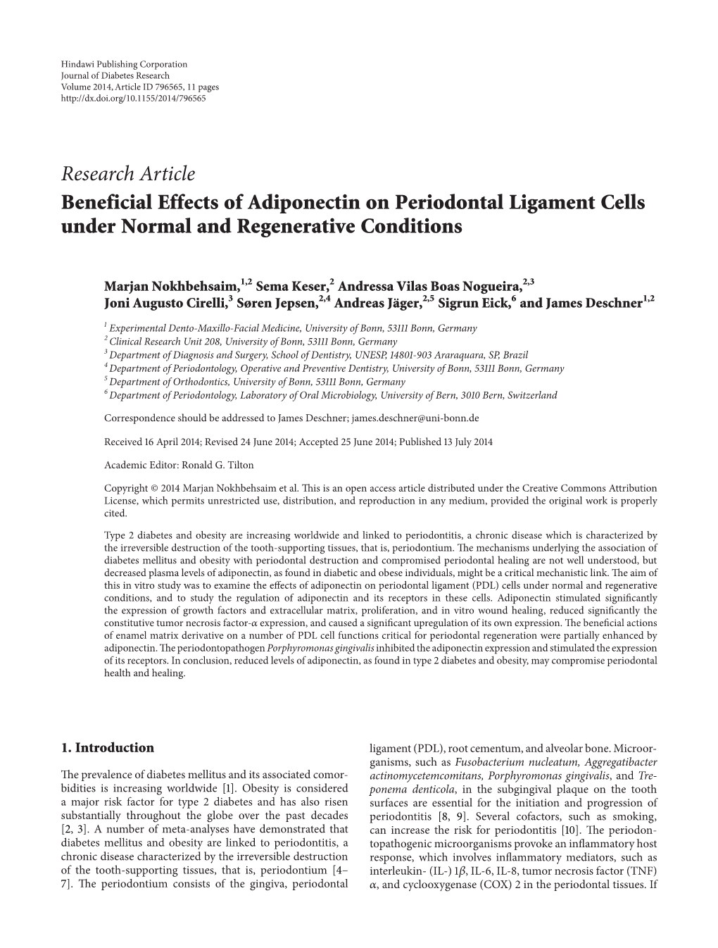 Research Article Beneficial Effects of Adiponectin on Periodontal Ligament Cells Under Normal and Regenerative Conditions