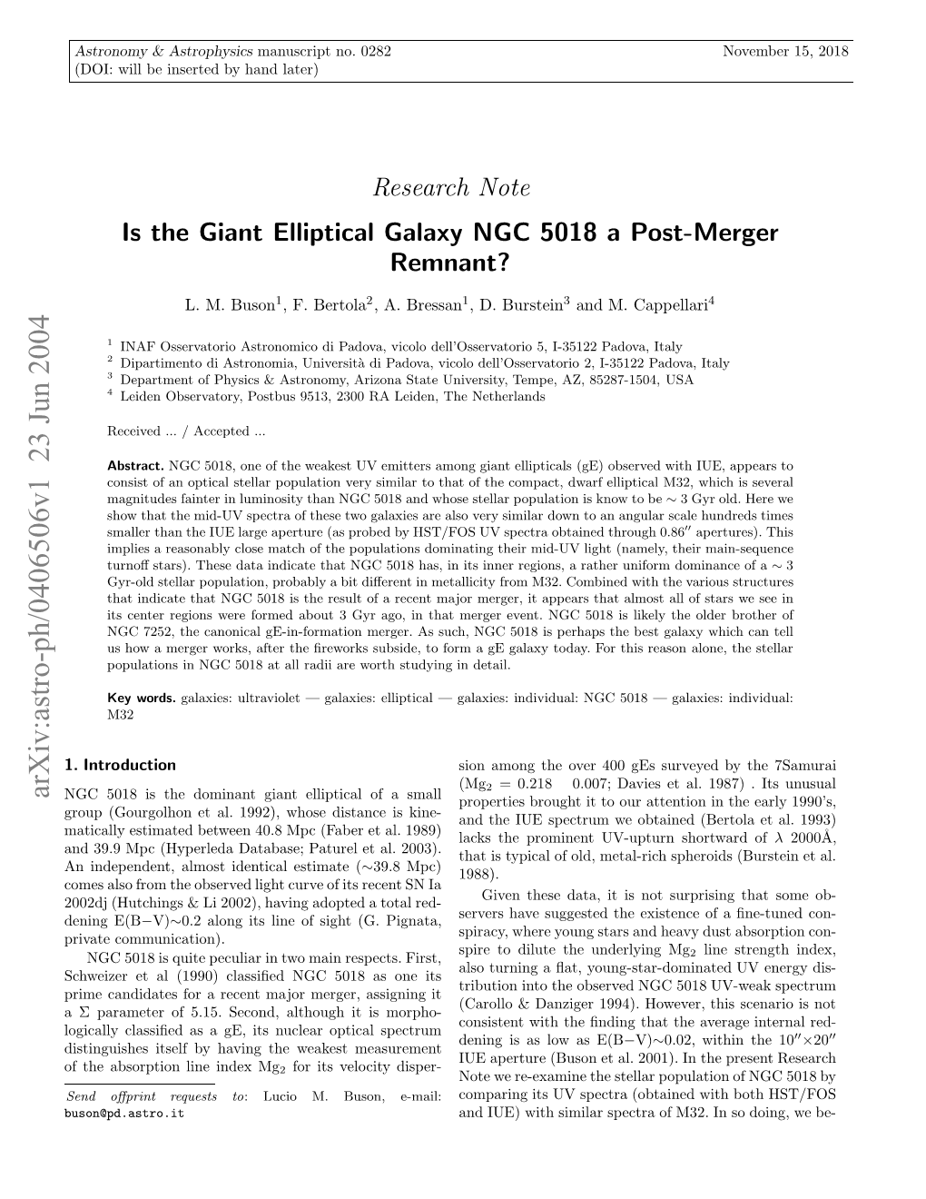 Is the Giant Elliptical Galaxy NGC5018 a Post-Merger Remnant?