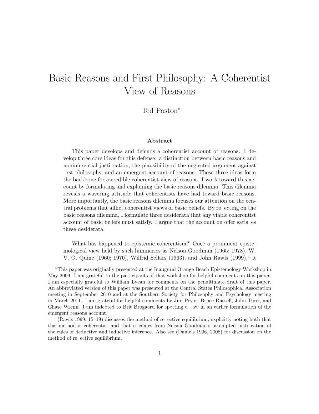 Basic Reasons and First Philosophy: a Coherentist View of Reasons