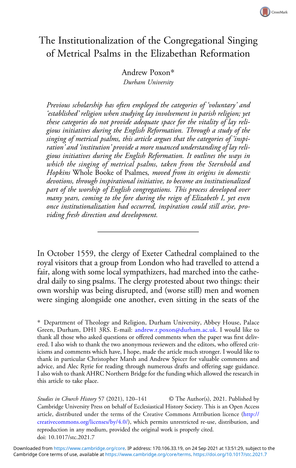 The Institutionalization of the Congregational Singing of Metrical Psalms in the Elizabethan Reformation