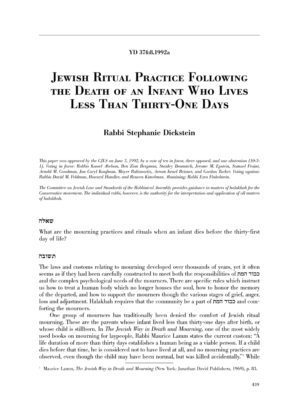 Jewish RITUAL Practice Following the DEATH of an INFANT Who Lives LESS THAN THIRTY-ONE DAYS