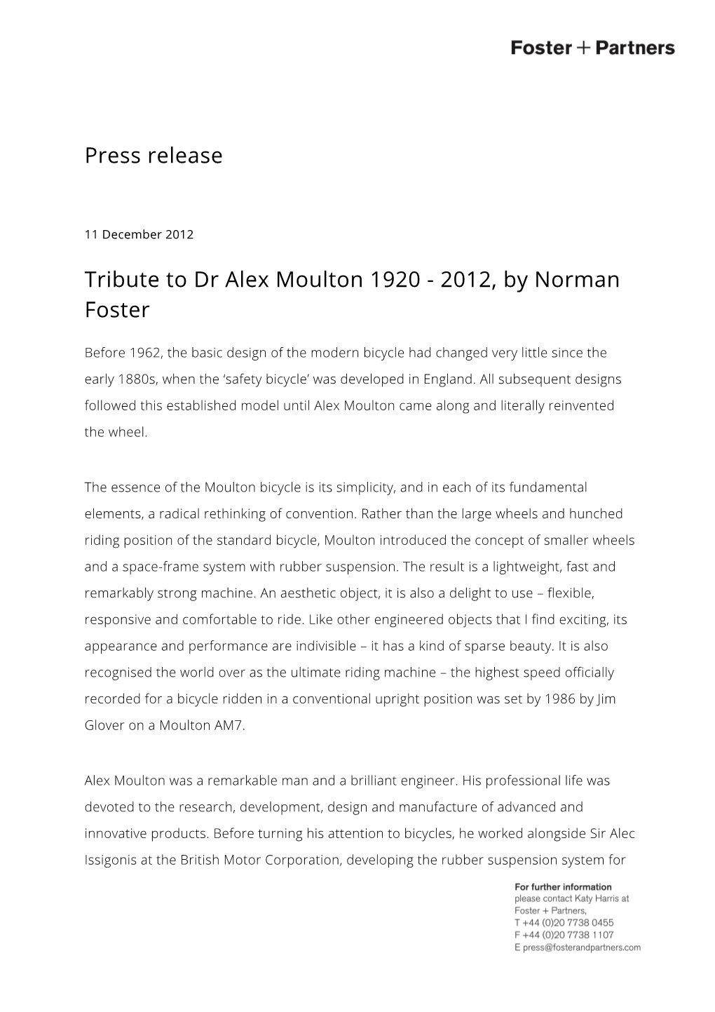 Press Release Tribute to Dr Alex Moulton 1920