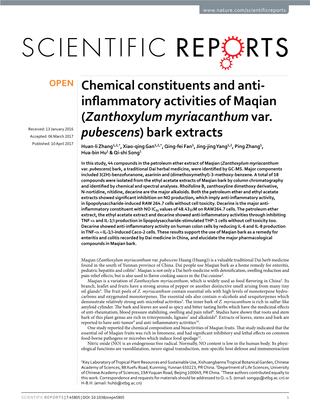 Chemical Constituents and Anti-Inflammatory Activities of Maqian (Zanthoxylum Myriacanthum Var