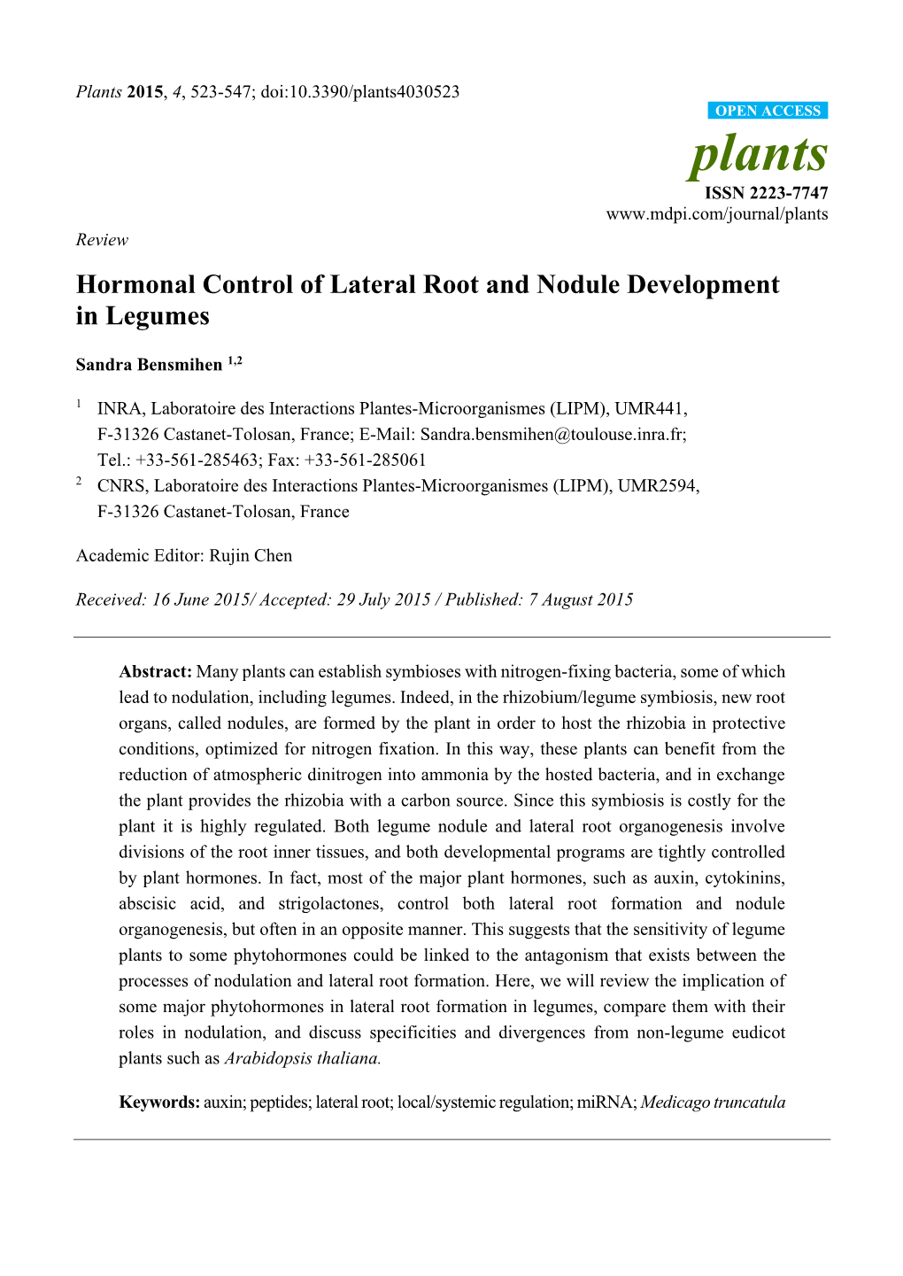 Hormonal Control of Lateral Root and Nodule Development in Legumes