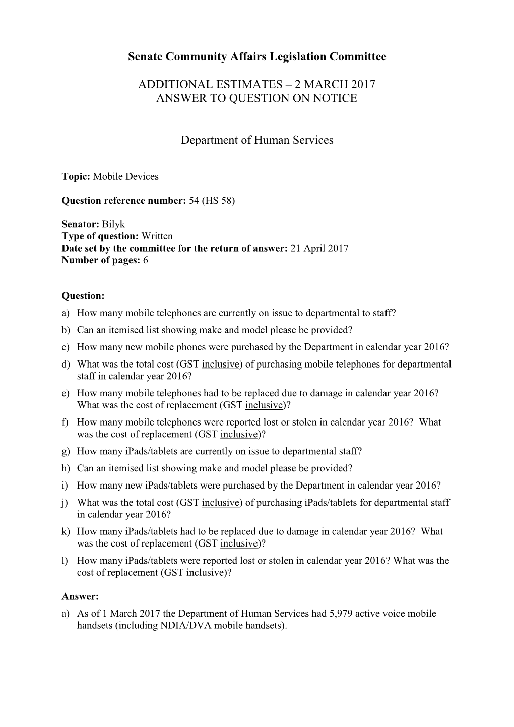 Senate Additional Estimates Question on Notice