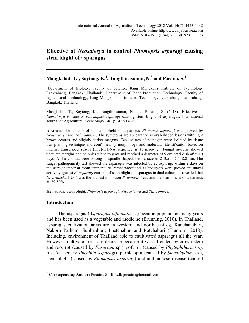 Effective of Neosatorya to Control Phomopsis Asparagi Causing Stem Blight of Asparagus