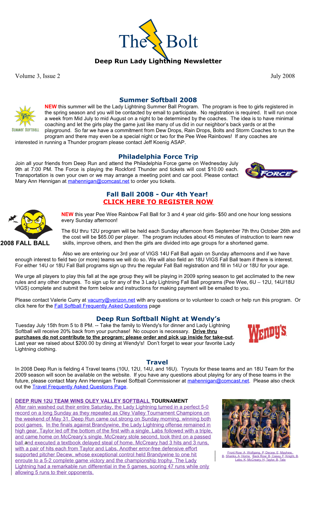 Deep Run Lady Lightning Newsletter