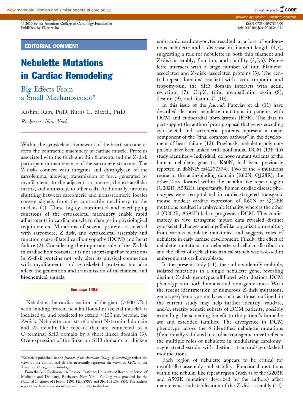 Nebulette Mutations in Cardiac Remodeling