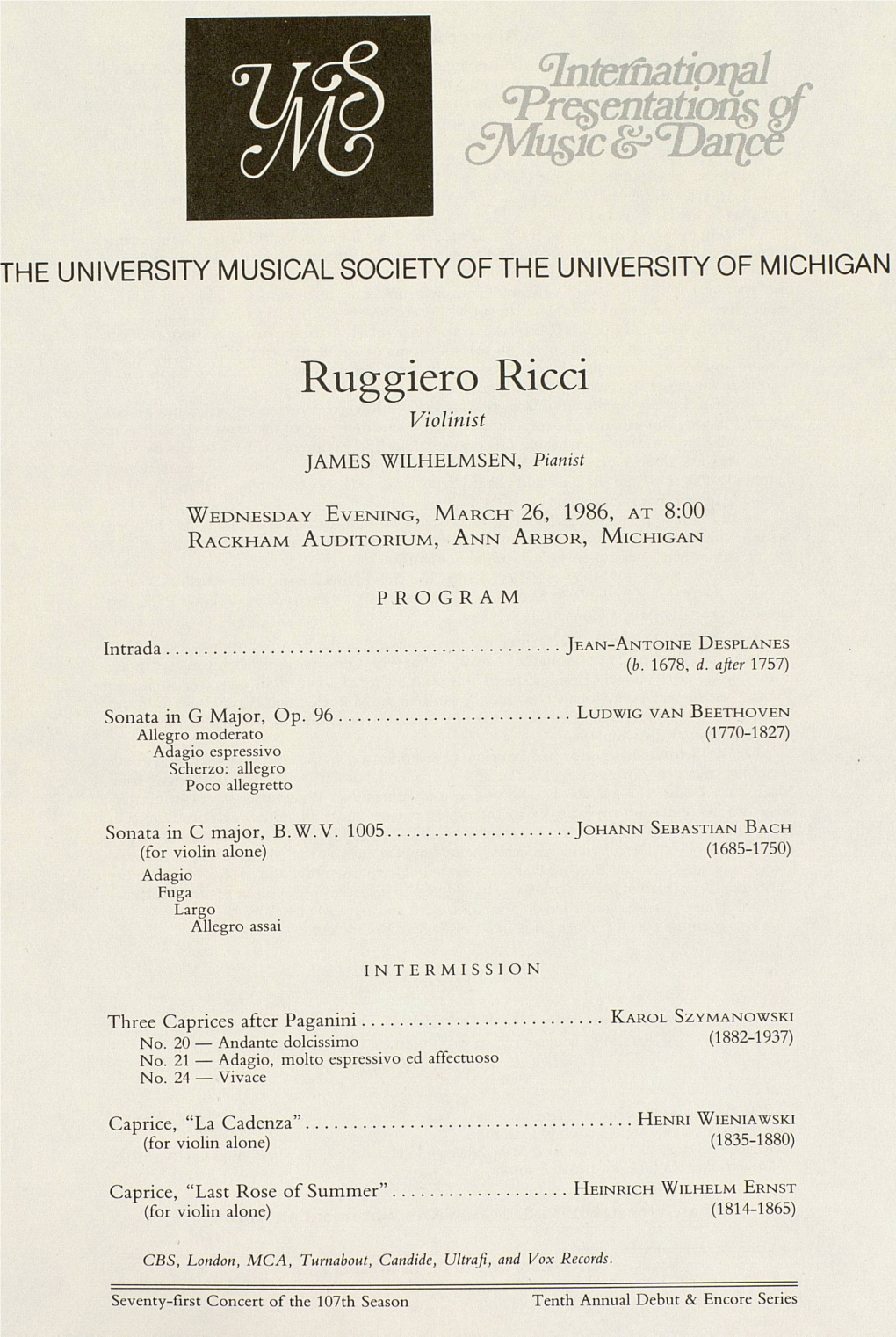 Ruggiero Ricci Violinist JAMES WILHELMSEN, Pianist