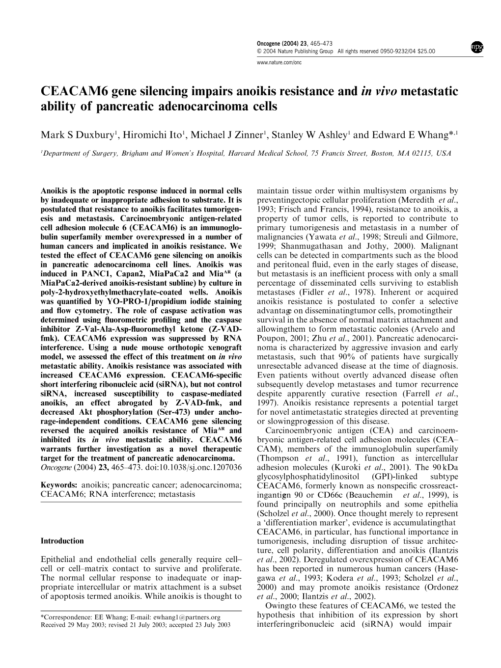 CEACAM6 Gene Silencing Impairs Anoikis Resistance and in Vivo Metastatic Ability of Pancreatic Adenocarcinoma Cells