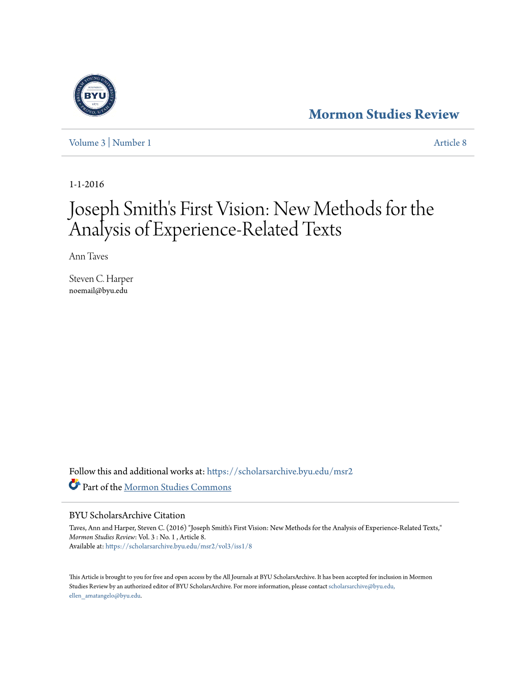 Joseph Smith's First Vision: New Methods for the Analysis of Experience-Related Texts Ann Taves