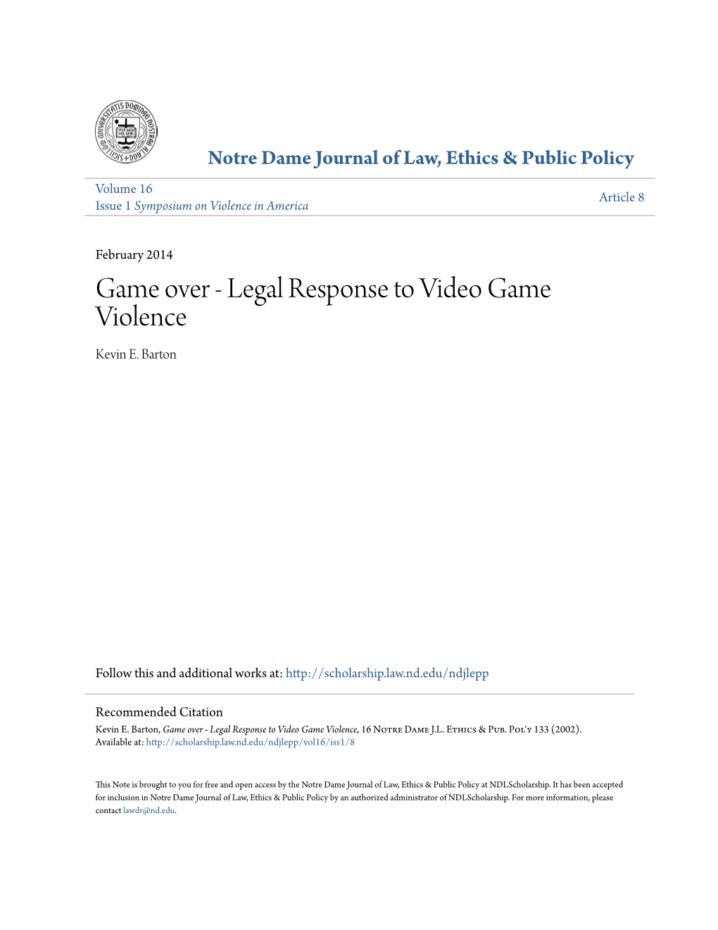 Game Over - Legal Response to Video Game Violence Kevin E