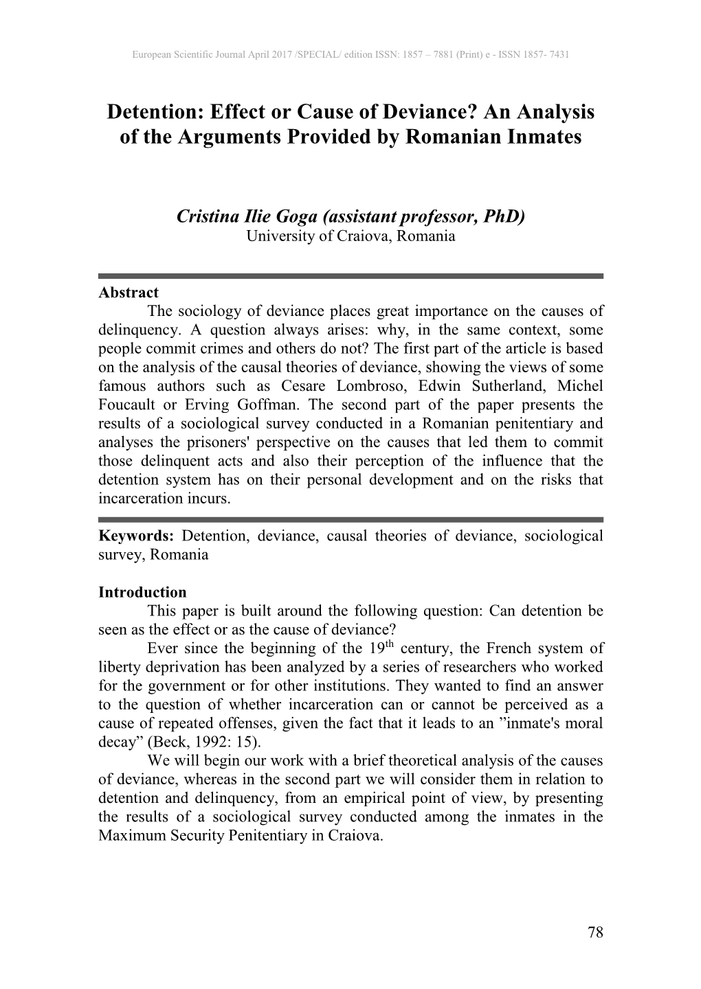 Detention: Effect Or Cause of Deviance? an Analysis of the Arguments Provided by Romanian Inmates