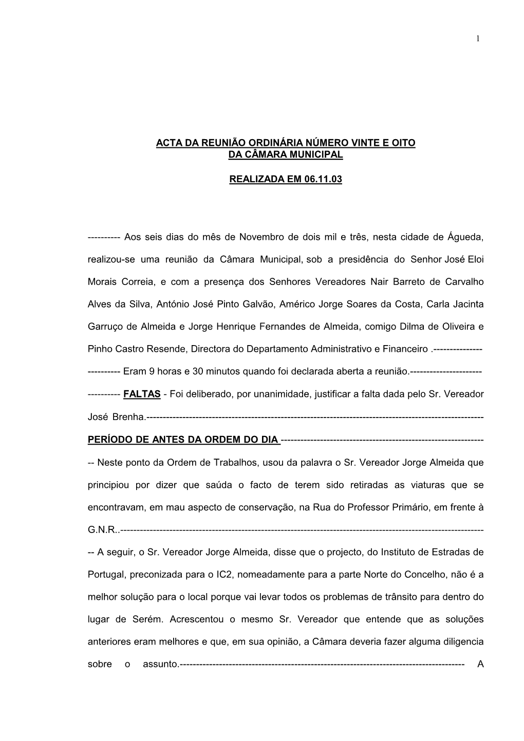 Acta Da Reunião Ordinária Número Vinte E Oito Da Câmara Municipal