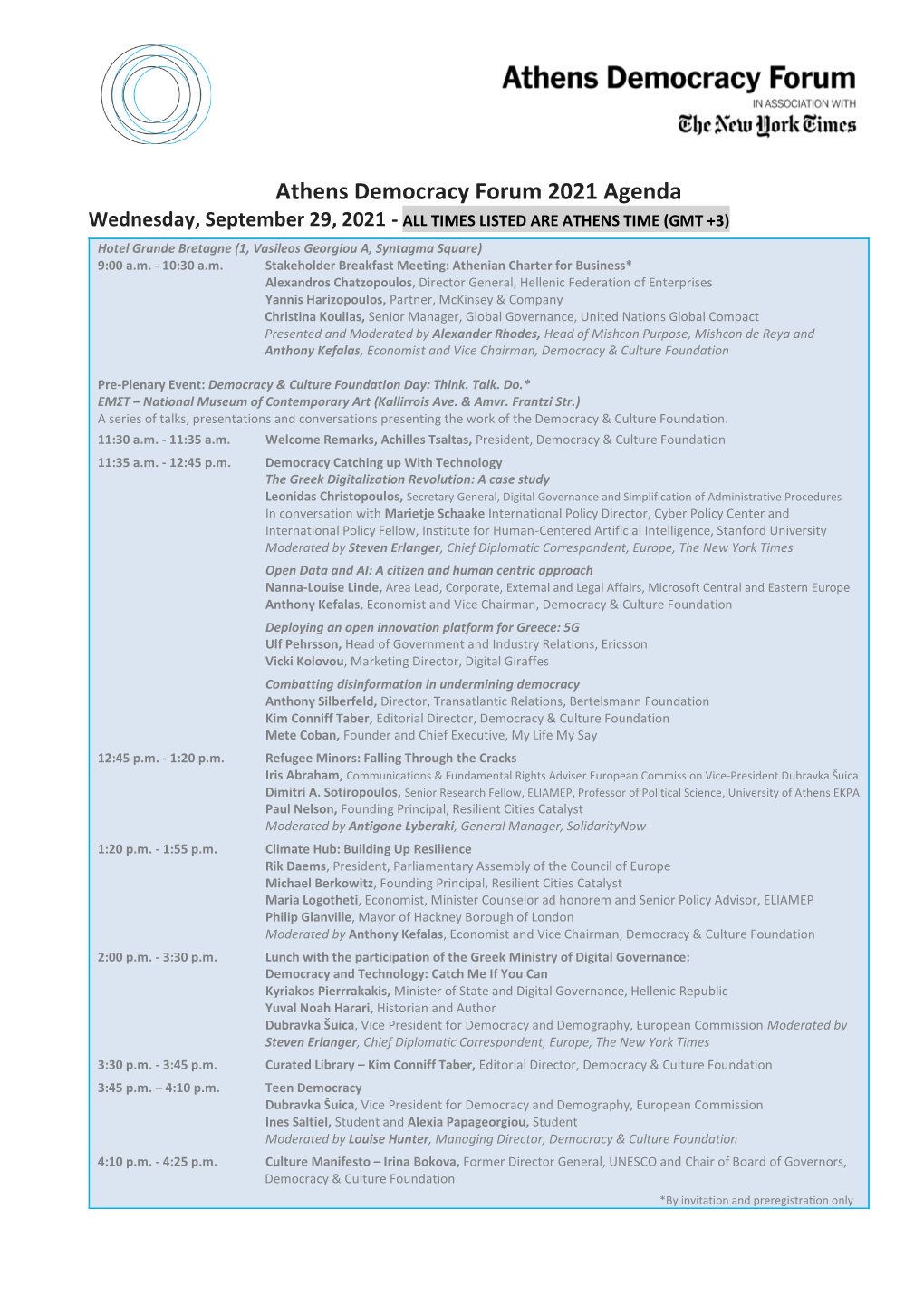Athens Democracy Forum 2021 Agenda Wednesday, September 29, 2021 - ALL TIMES LISTED ARE ATHENS TIME (GMT +3)