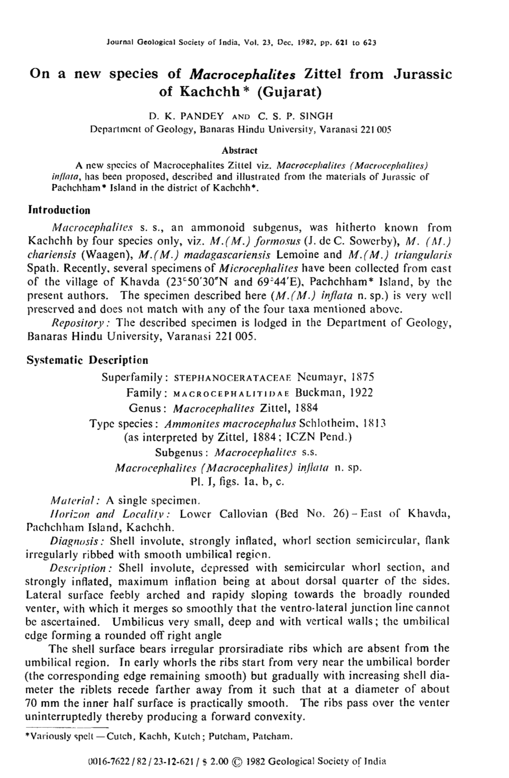 On a New Species of Macrocephalites Zittel from Jurassic of Kachchh * (Gujarat)