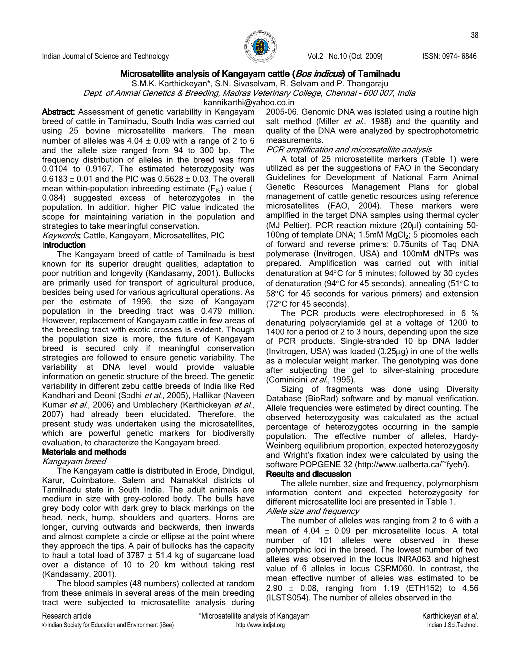 Microsatellite Analysis of Kangayam Cattle (Bos Indicus) of Tamilnadu S.M.K