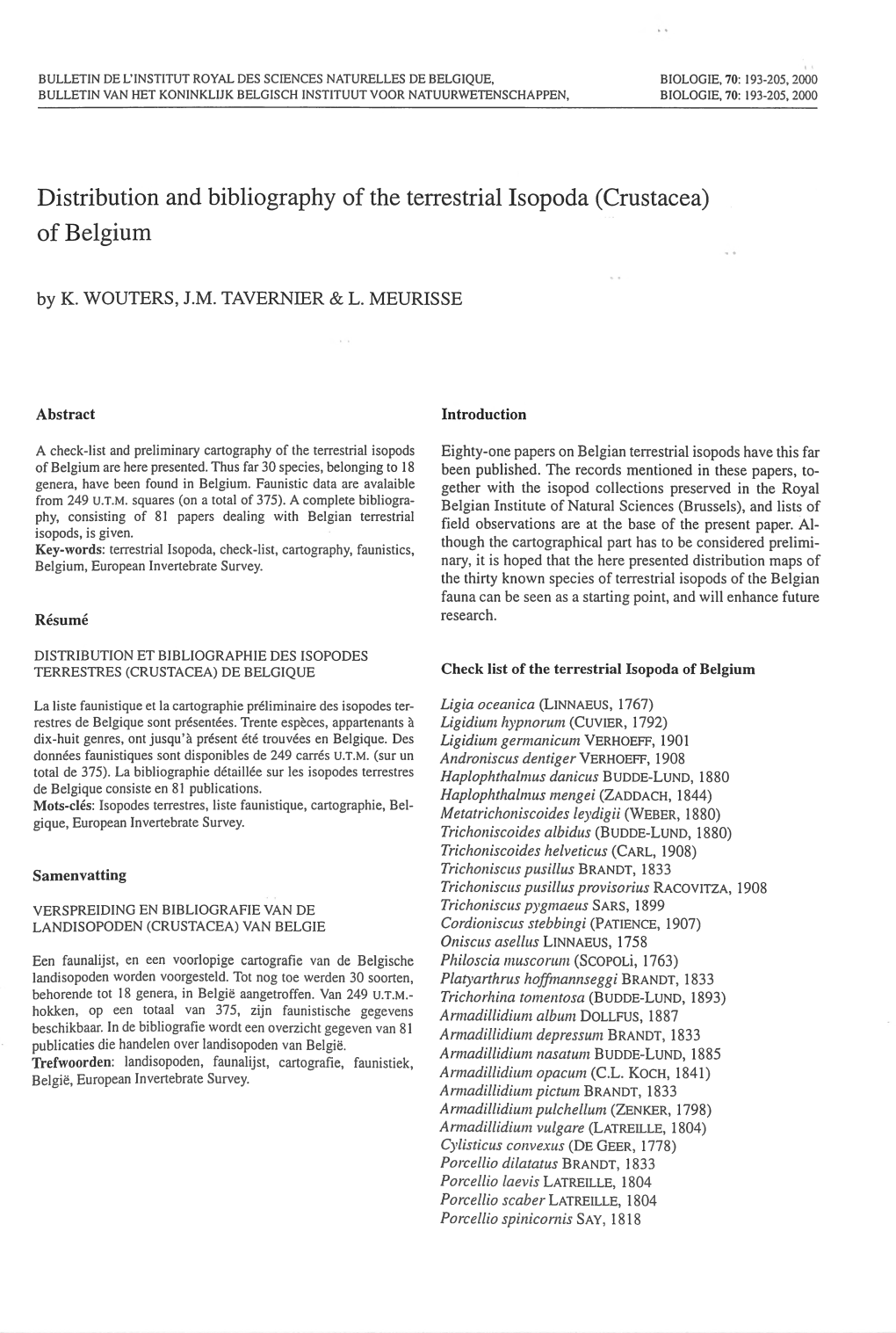 Distribution and Bibliography of the Terrestrial Isopoda (Crustacea) of Belgium