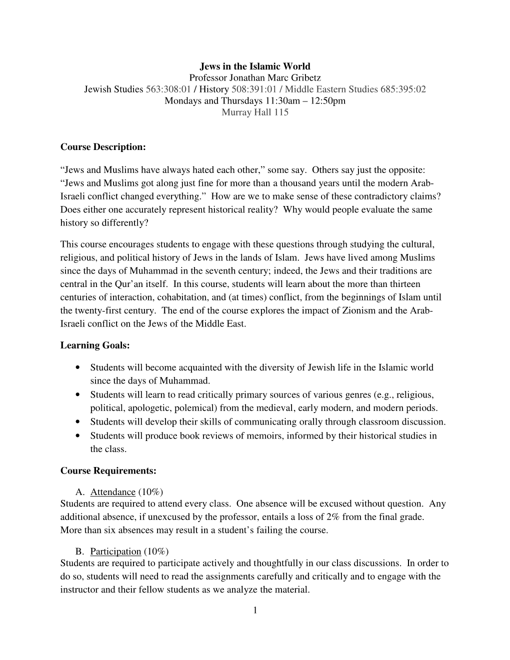 1 Jews in the Islamic World Professor Jonathan Marc Gribetz Jewish Studies 563:308:01 / History 508:391:01 / Middle Eastern Stud