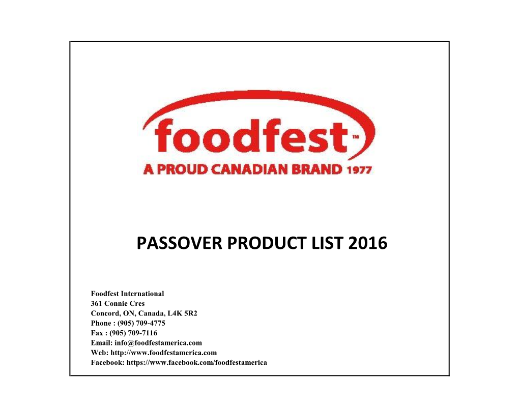 Passover Product List 2016