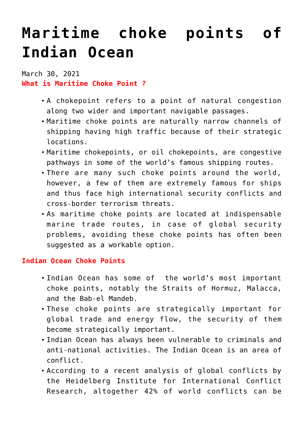 Maritime Choke Points of Indian Ocean