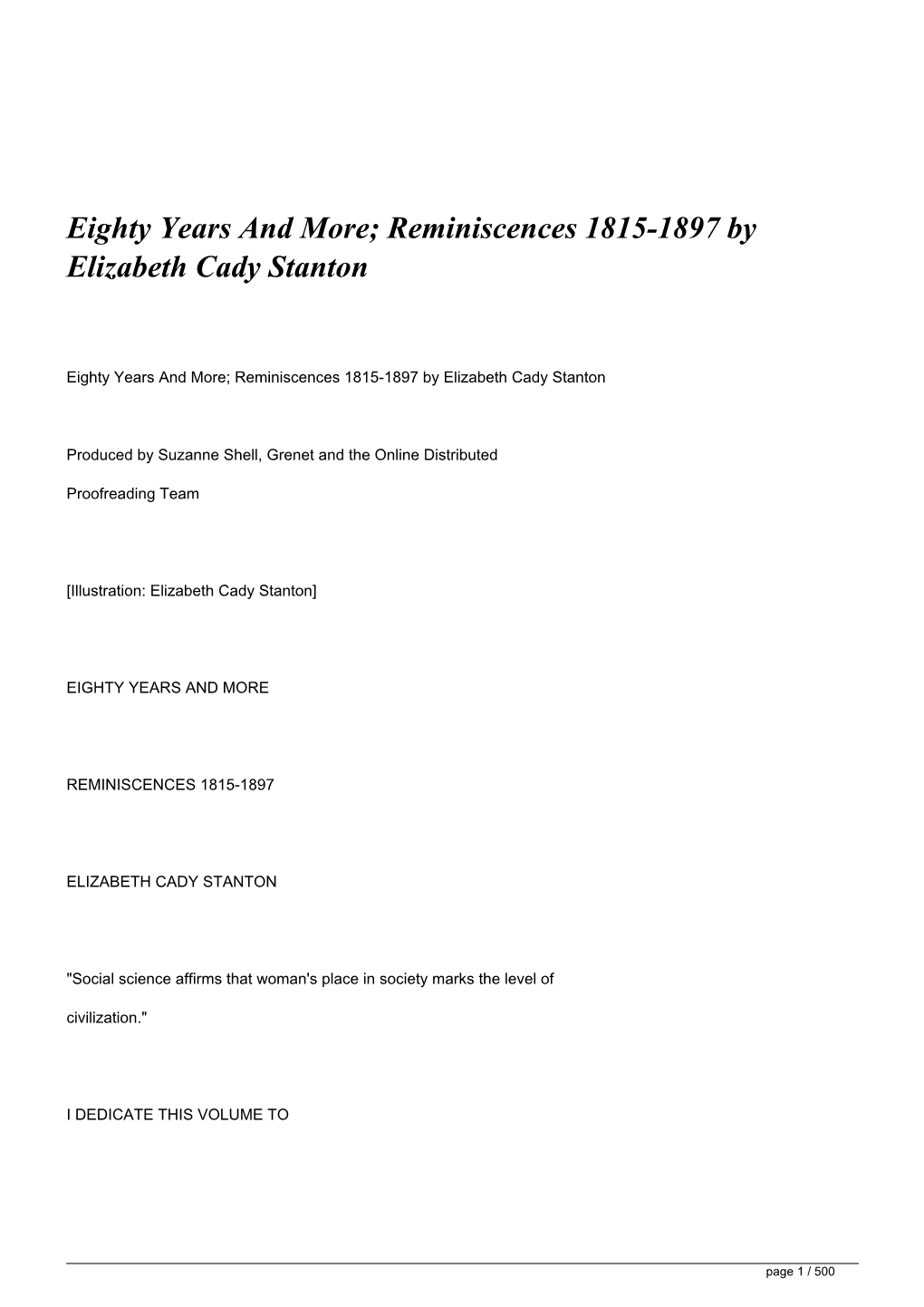 Reminiscences 1815-1897 by Elizabeth Cady Stanton&lt;/H1&gt;
