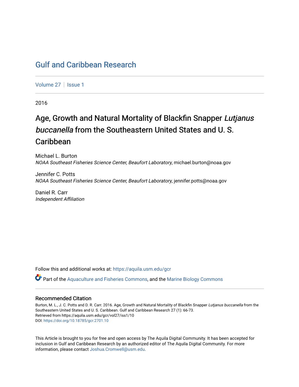 Age, Growth and Natural Mortality of Blackfin Snapper Lutjanus Buccanella from the Southeastern United States and U