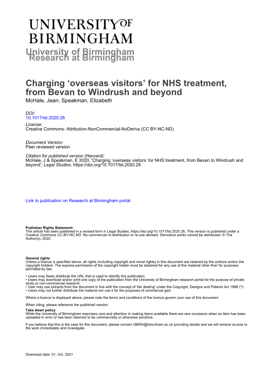 Overseas Visitors’ for NHS Treatment, from Bevan to Windrush and Beyond Mchale, Jean; Speakman, Elizabeth