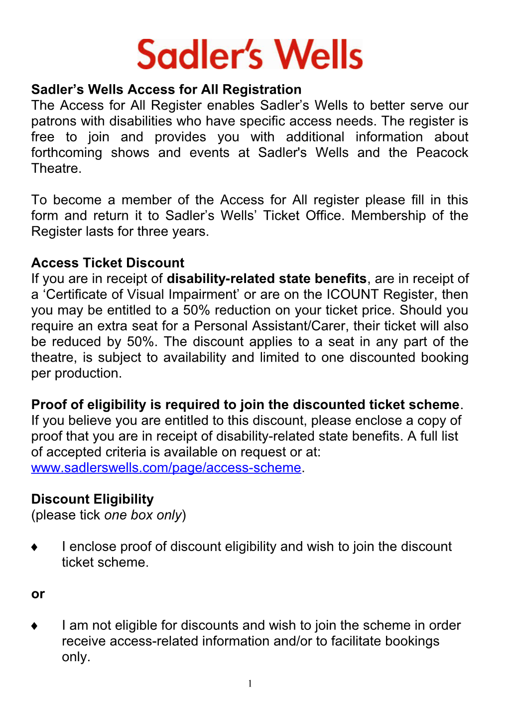 Sadler S Wells Access for All Registration