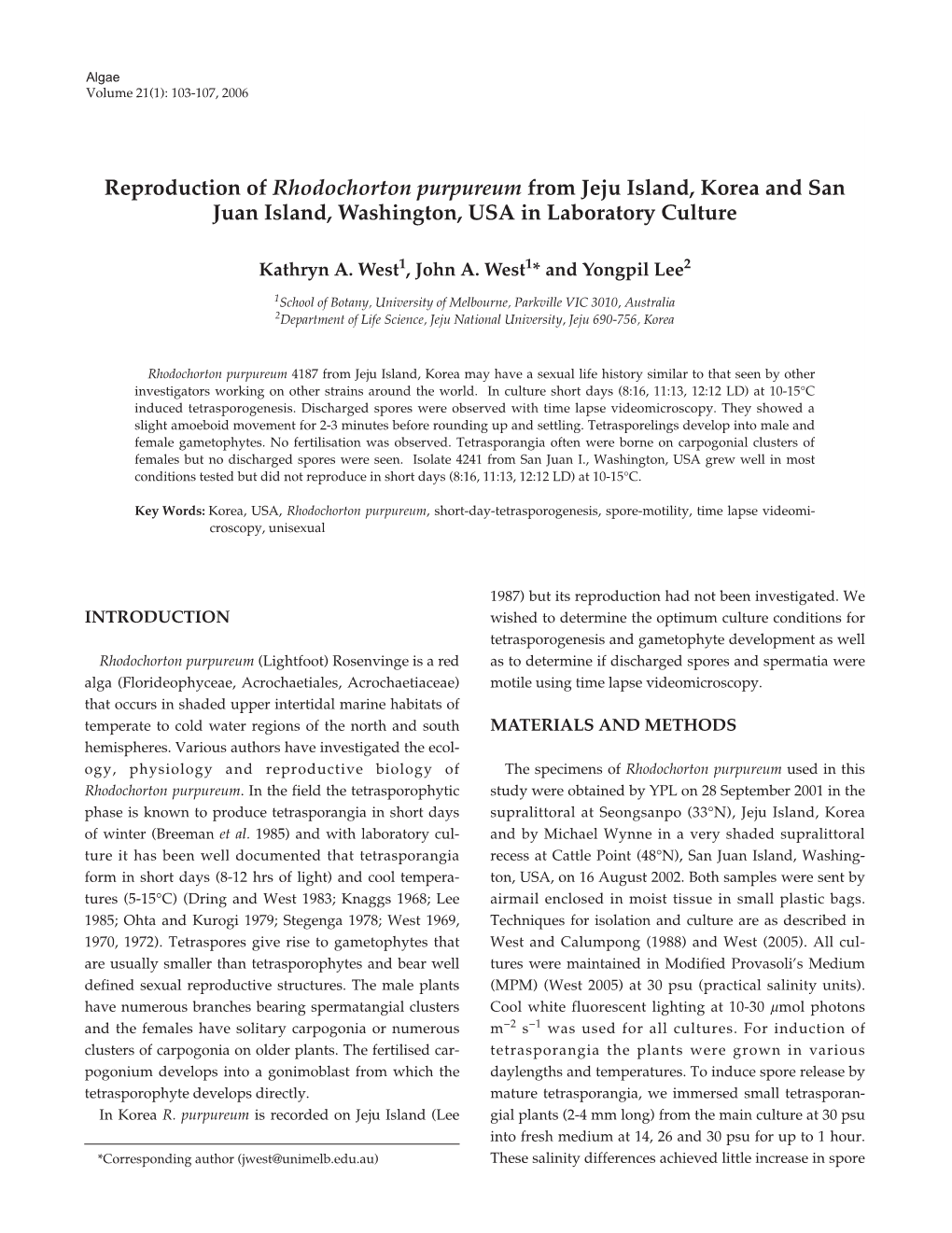 Reproduction of Rhodochorton Purpureum from Jeju Island, Korea and San Juan Island, Washington, USA in Laboratory Culture