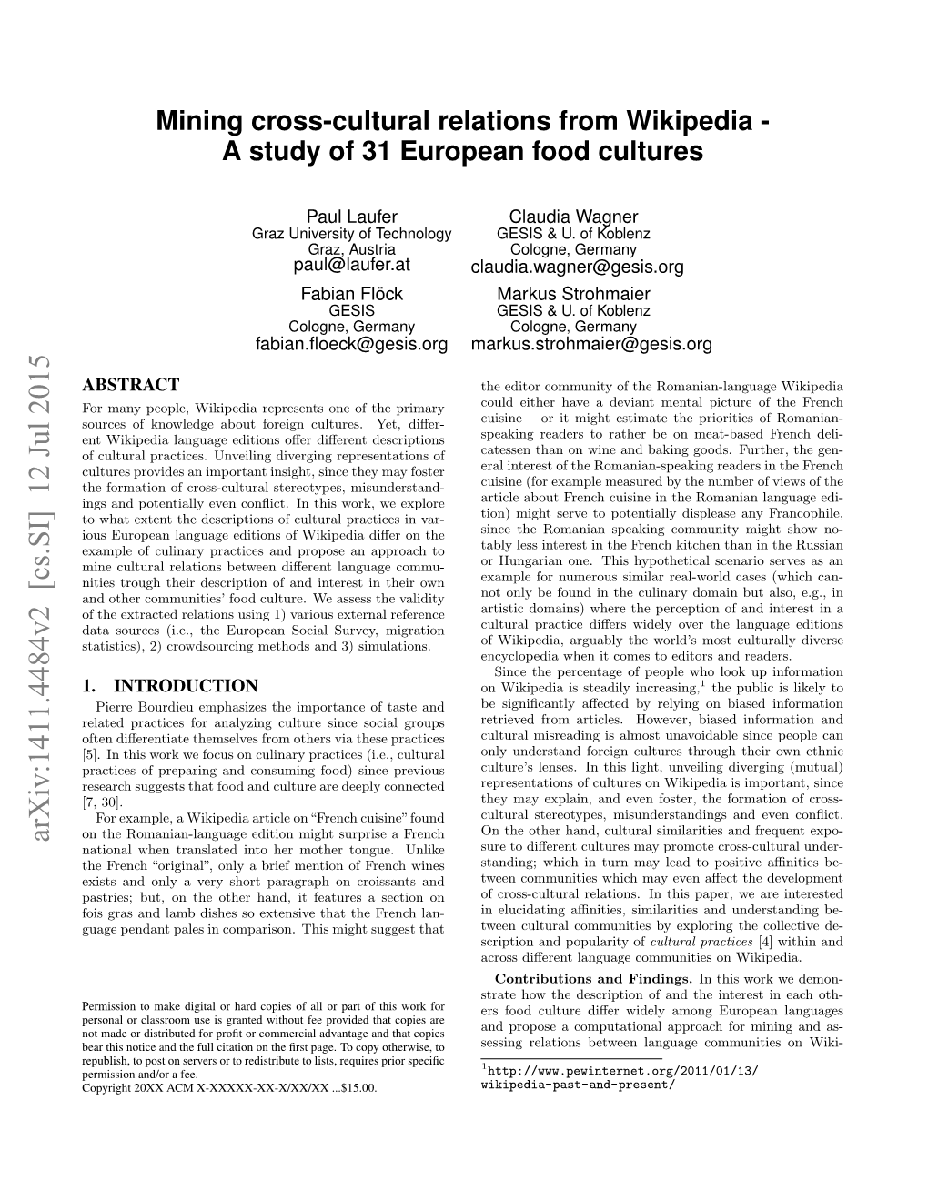 Mining Cross-Cultural Relations from Wikipedia - a Study of 31 European Food Cultures