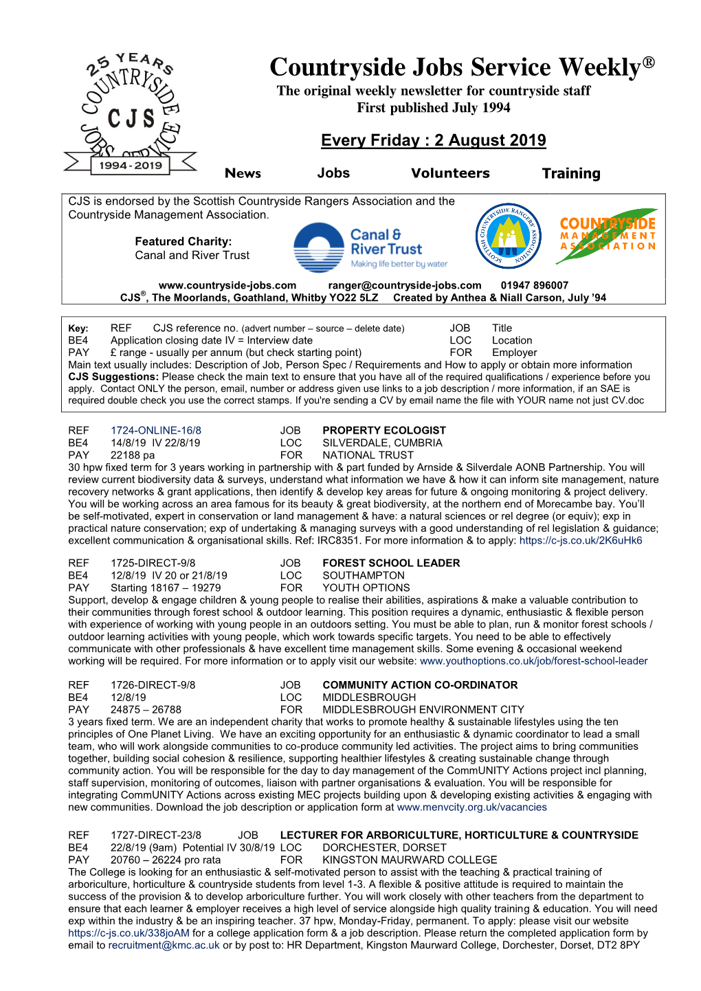 Countryside Jobs Service Weekly® the Original Weekly Newsletter for Countryside Staff First Published July 1994