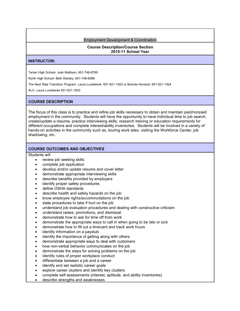 Course Description/Course Section2010-11 School Year