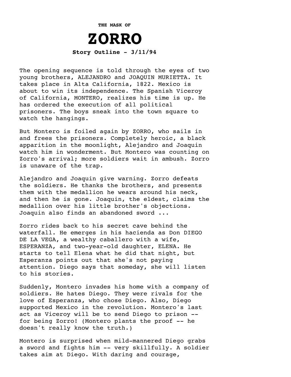 ZORRO Story Outline - 3/11/94