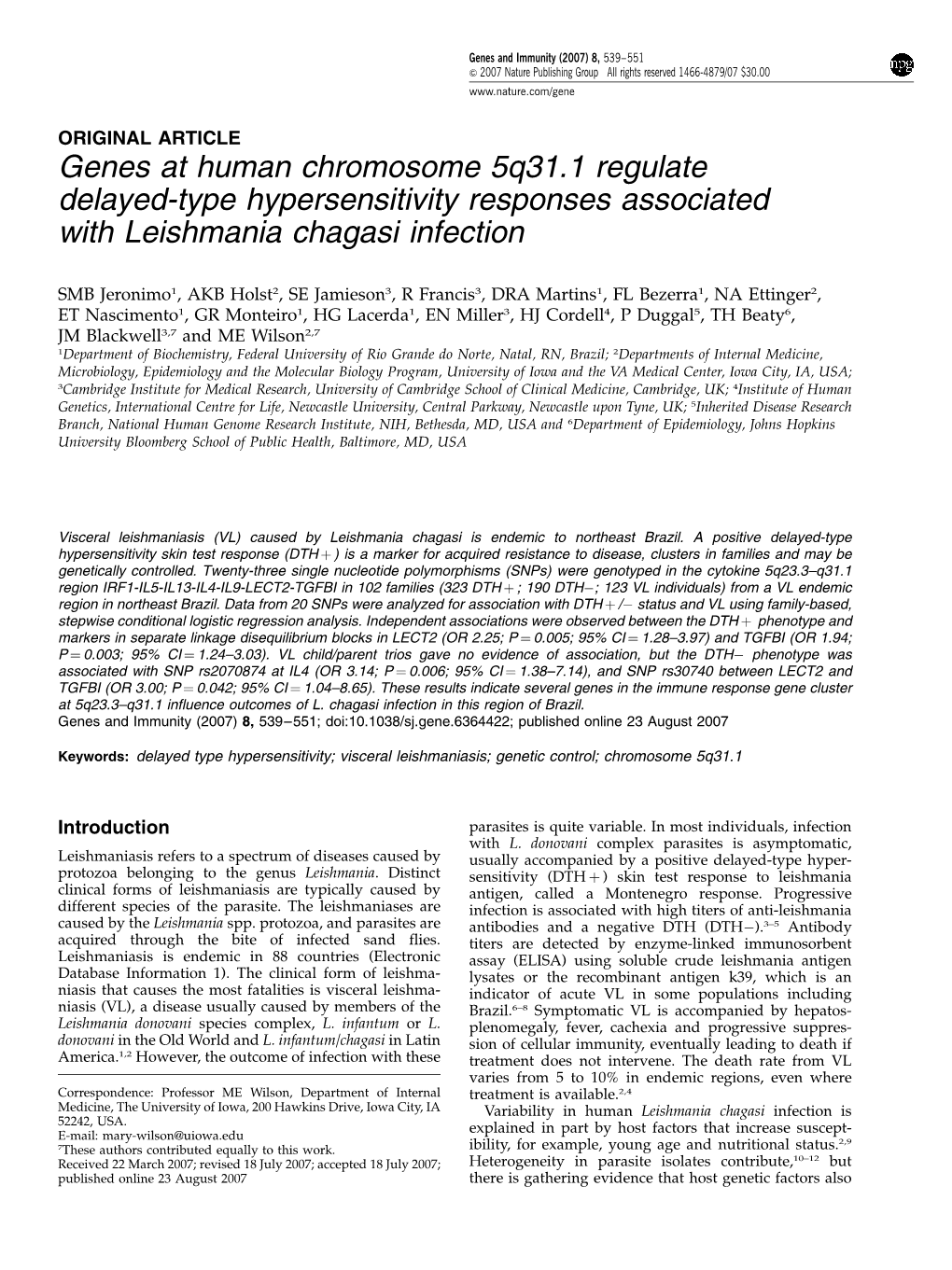 Genes at Human Chromosome 5Q31.1 Regulate Delayed-Type Hypersensitivity Responses Associated with Leishmania Chagasi Infection