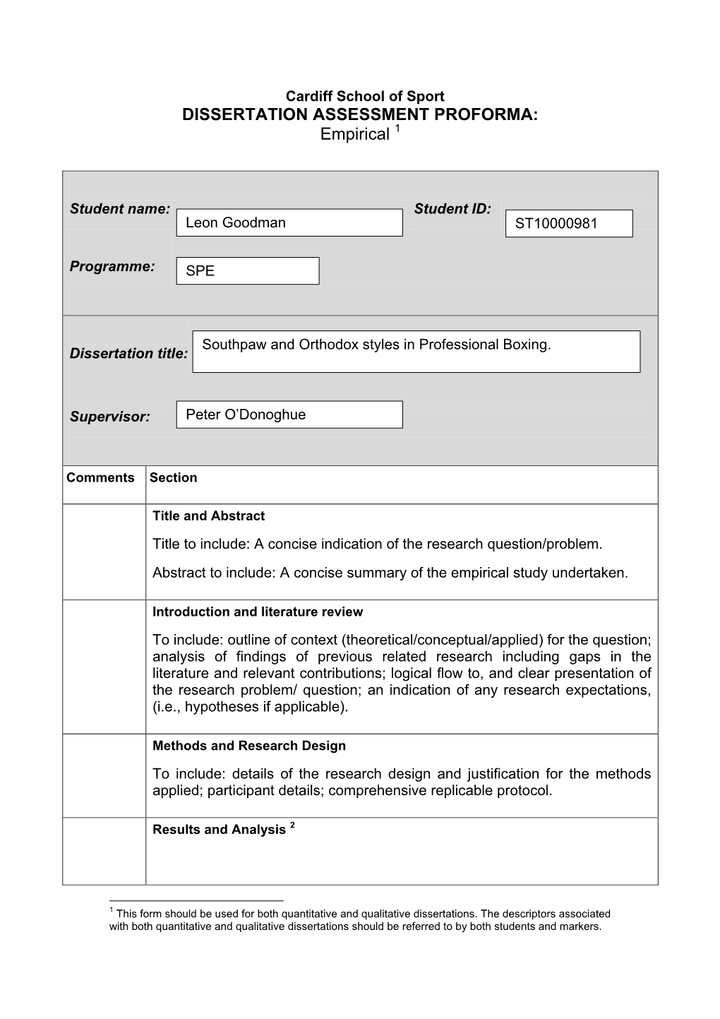 DISSERTATION ASSESSMENT PROFORMA: Empirical 1