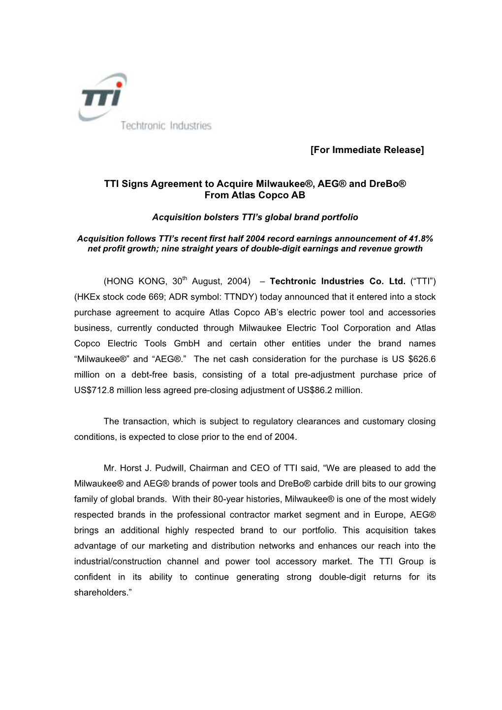 TTI Signs Agreement to Acquire Milwaukee®, AEG® and Drebo® from Atlas Copco AB