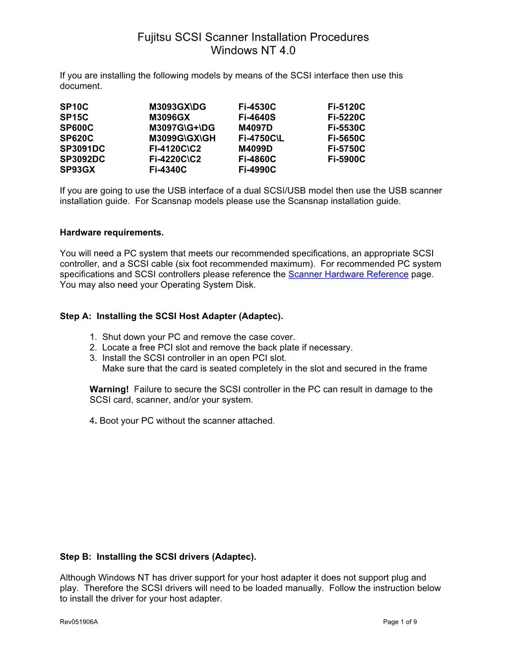 Fujitsu SCSI Scanner Installation Procedures Windows NT 4.0