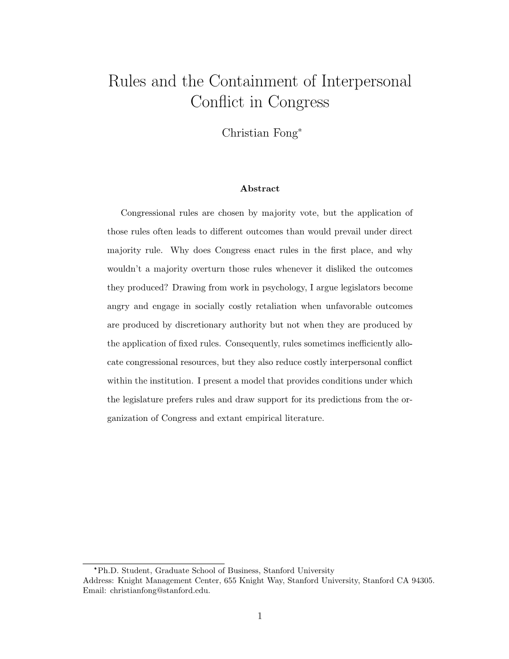 Rules and the Containment of Interpersonal Conflict in Congress
