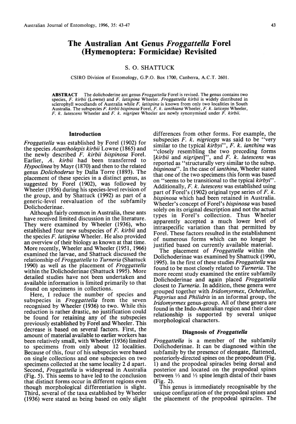 The Australian Ant Genus Froggattella Forel (Hymenoptera: Formicidae) Revisited