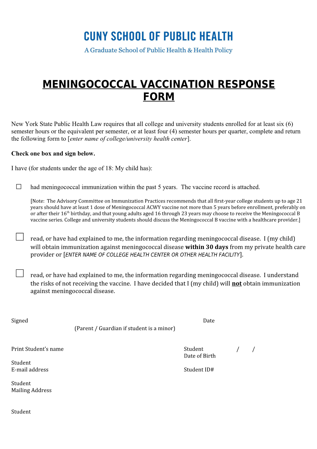 Meningococcal Vaccination Response Form