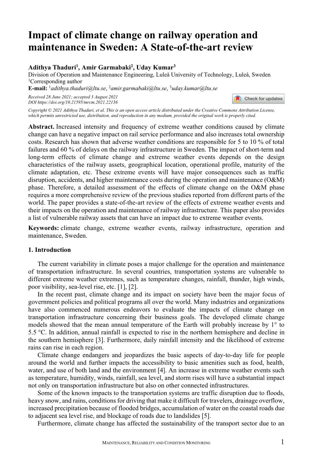 Impact of Climate Change on Railway Operation and Maintenance in Sweden: a State-Of-The-Art Review