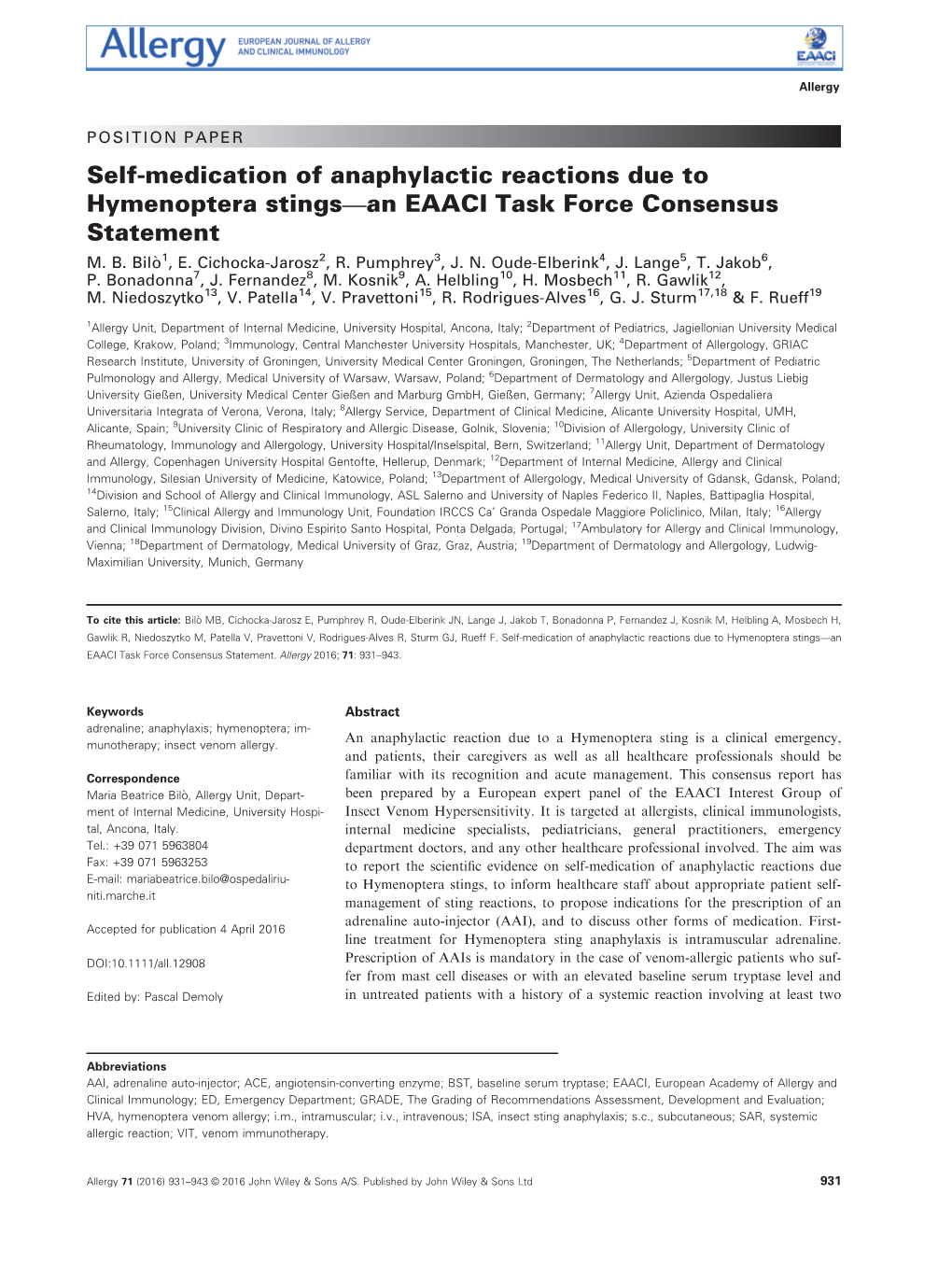 Medication of Anaphylactic Reactions Due to Hymenoptera Stings—