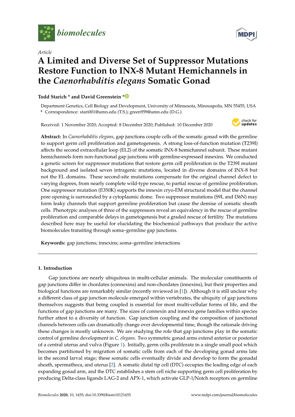 A Limited and Diverse Set of Suppressor Mutations Restore Function to INX-8 Mutant Hemichannels in the Caenorhabditis Elegans Somatic Gonad