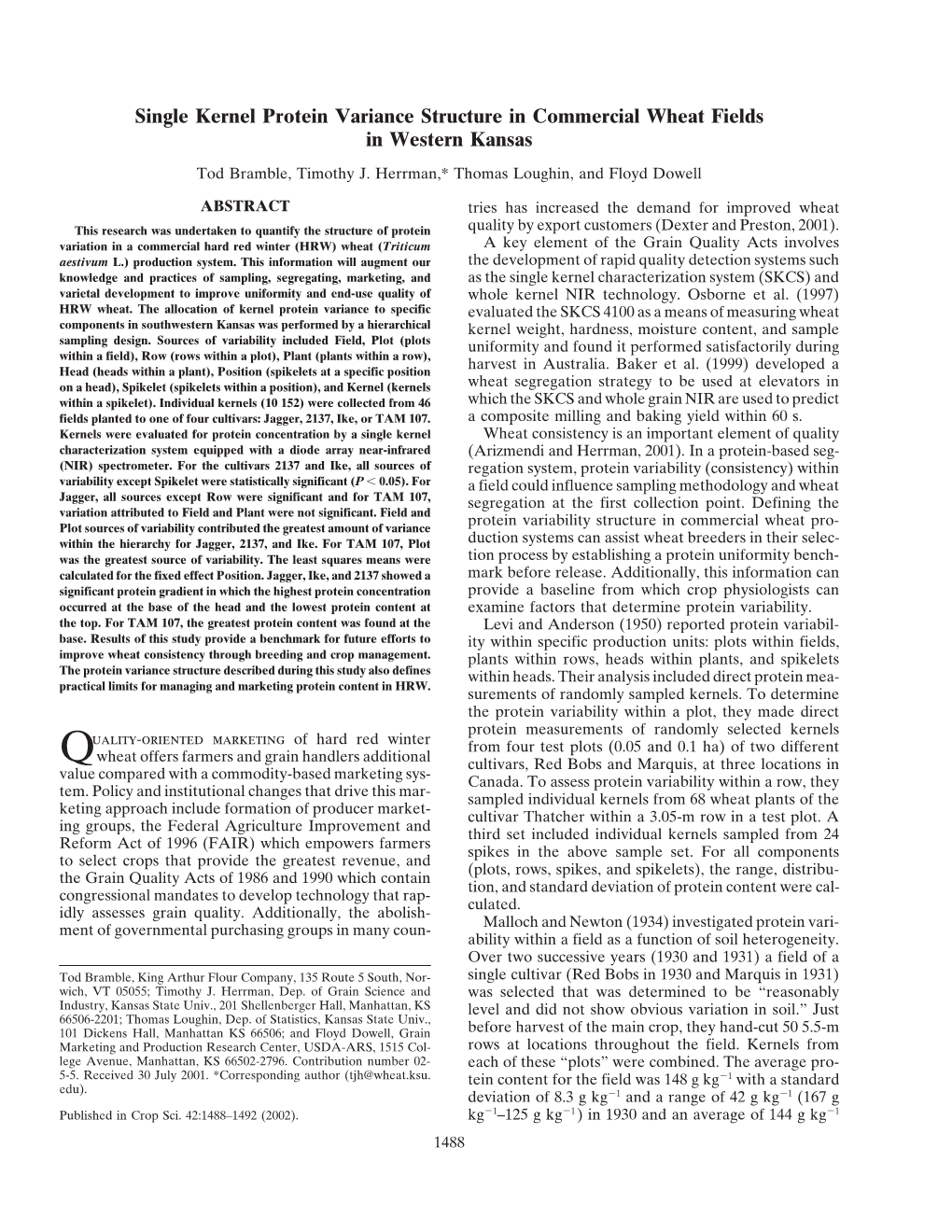 Single Kernel Protein Variance Structure in Commercial Wheat Fields in Western Kansas