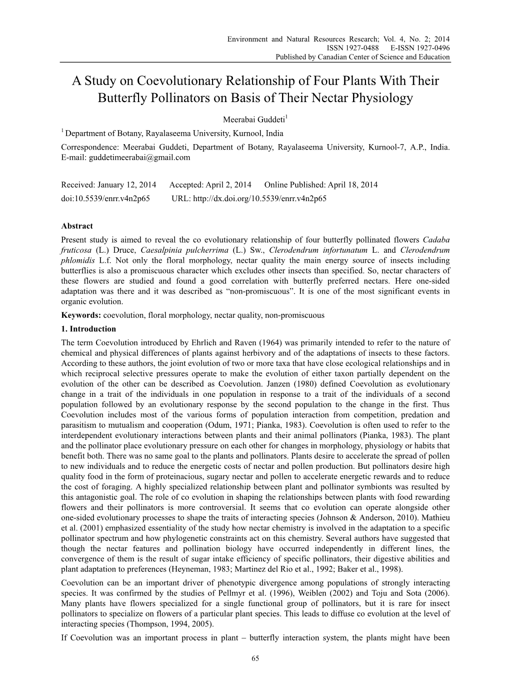 A Study on Coevolutionary Relationship of Four Plants with Their Butterfly Pollinators on Basis of Their Nectar Physiology