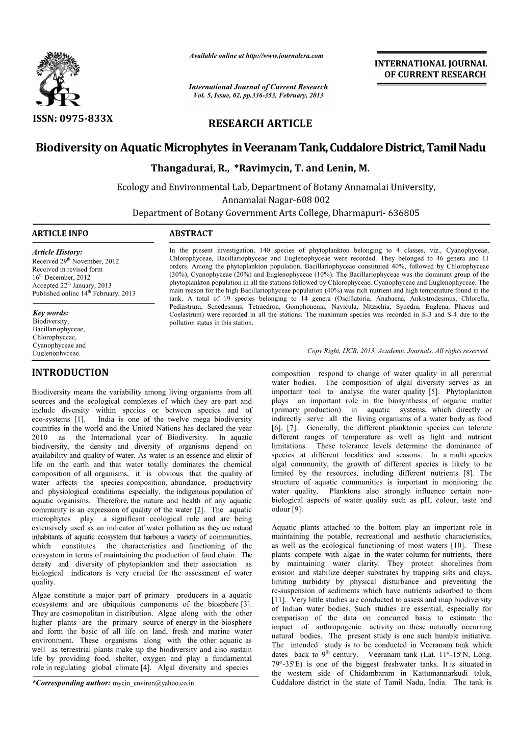 Biodiversity on Aquatic Microphytes Microphytes in Veeranam Tank