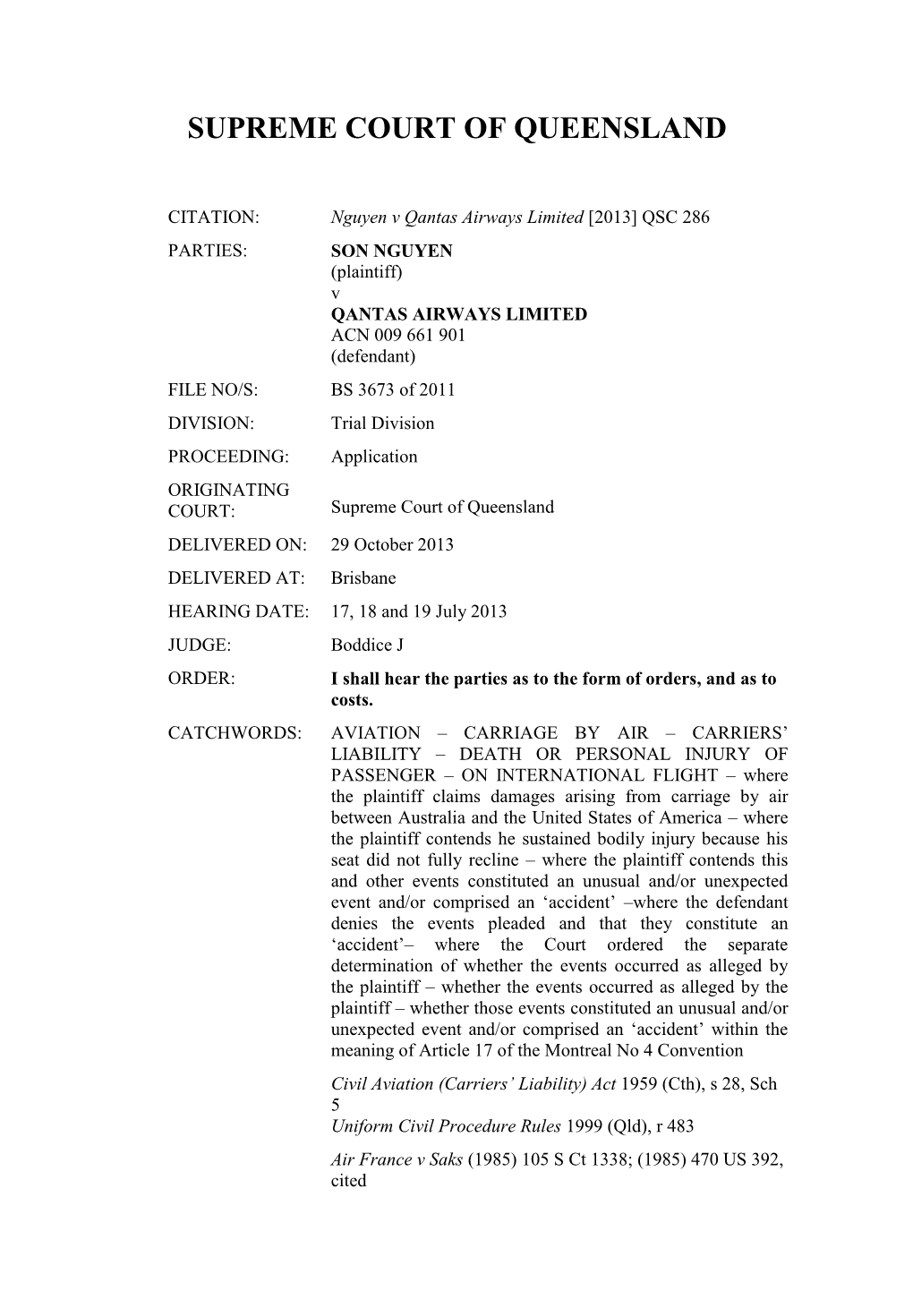 Nguyen V Qantas Airways Limited [2013] QSC