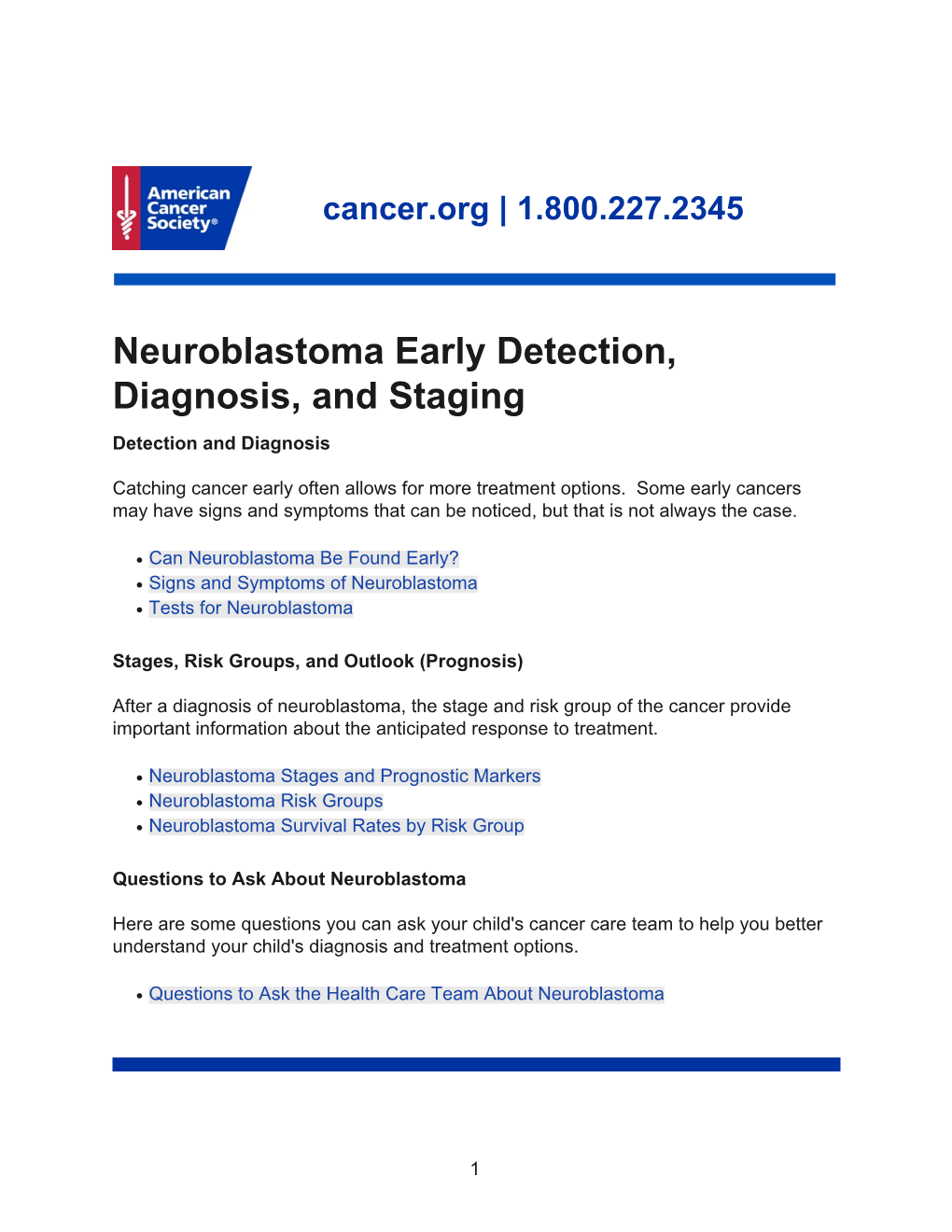 Neuroblastoma Early Detection, Diagnosis, and Staging Detection and Diagnosis
