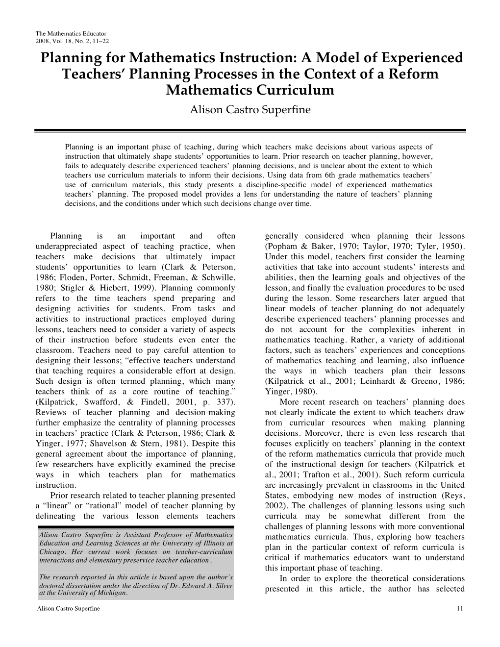 Planning for Mathematics Instruction: a Model of Experienced Teachers' Planning Processes in the Context of a Reform Mathemati